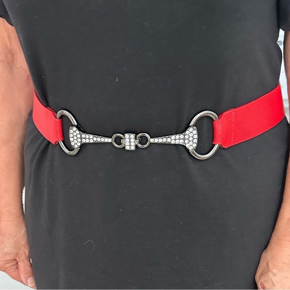 SALE Brambilla Milano Italian Red Leather Belt, Rhinestone Studded Front Detail